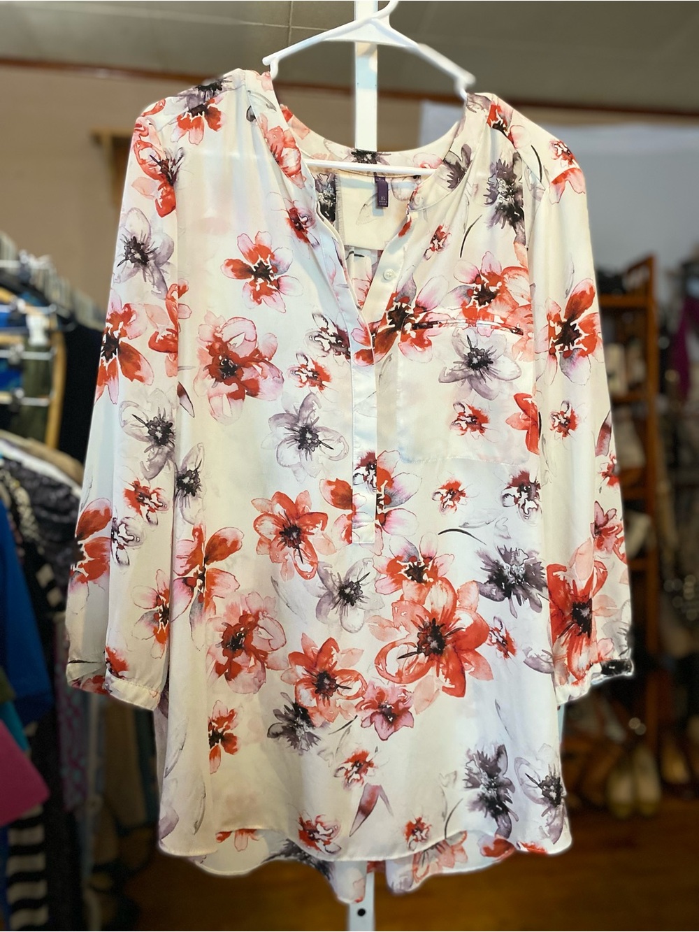 NYDJ White Blouse with Coral and Gray Floral Print